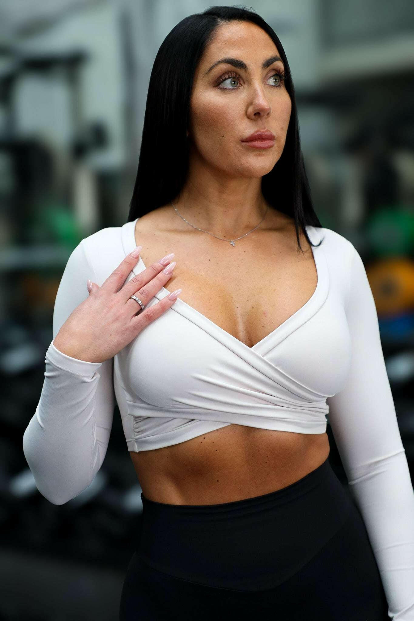Long Sleeve Cross Over Crop Pearl White